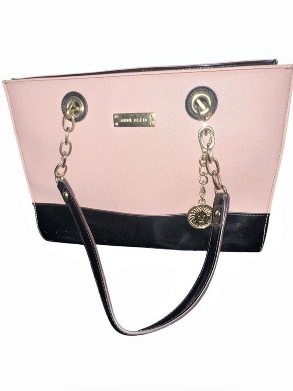 Anne Klein Pink & Black Colorblock Tote Bag with Gold Chain & Lion Charm